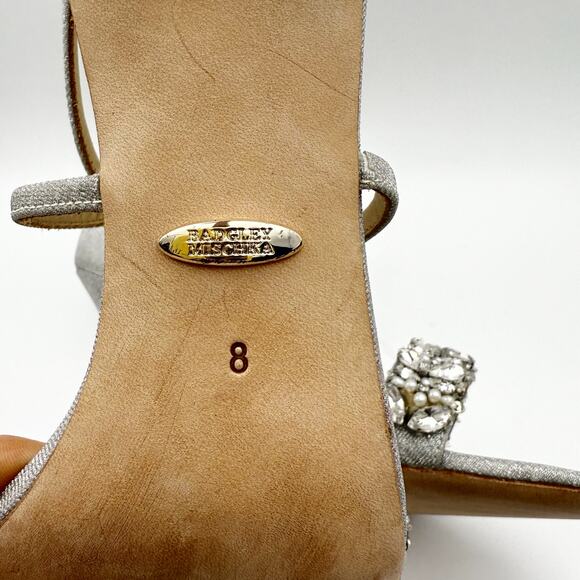 Badgley Mischka Womens Nala Glitter Strappy Heels US 8 Silver Satin NWOB - Picture 11 of 11
